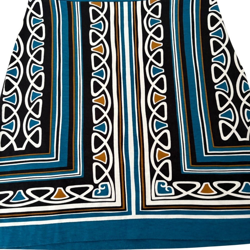 Ann Taylor Loft Teal Blue Geometric Border Print Jersey Mini Skirt Size 0 Office - Picture 2 of 7